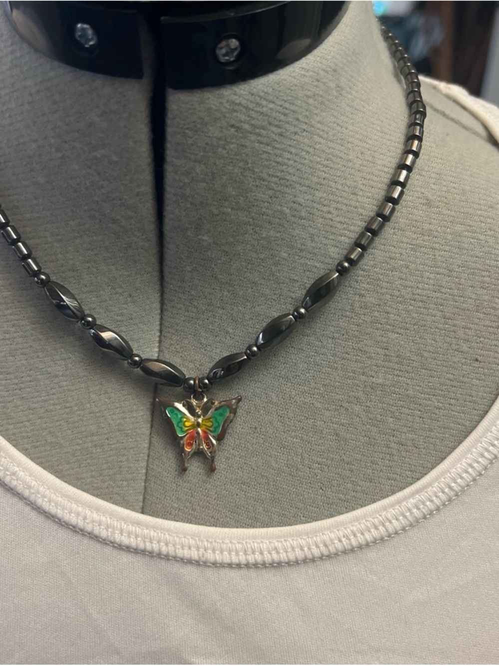Hematite Beaded Necklace with Multicolor Butterfly Pendant
